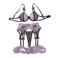 House Of Dasein Color Blocking Mesh Bra Set With Hollowed Out Perspective And Fun Lingerie Underwear 4 Piece - Dark Purple - L