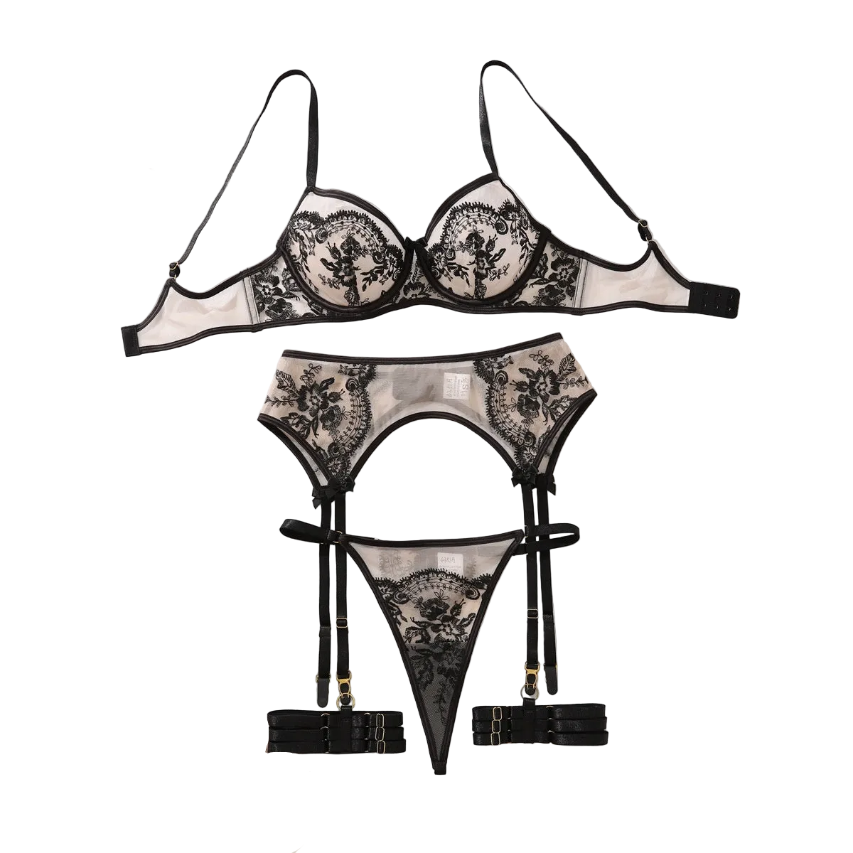 House Of Dasein Embroidered Sexy Bra Set With Mesh And Perspective Lingerie Underwear - Black Skin Color - S