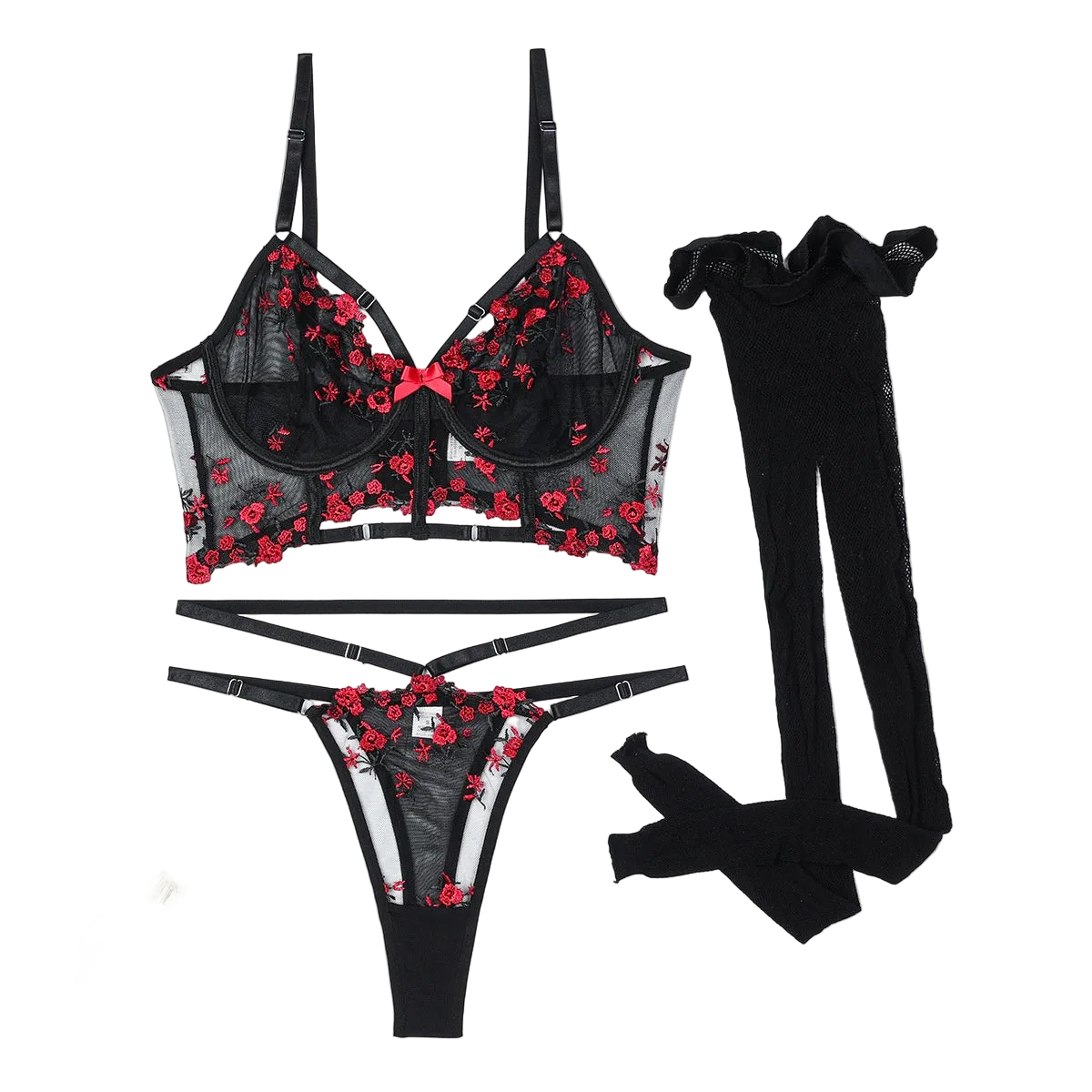 House Of Dasein Delicate Small Floral Hollow Design Complex Three Piece Silk Stocking Sexy Lingerie Set - Wine Red - M