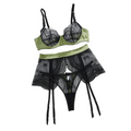 House Of Dasein Color Blocking Splicing Sexy Bra Set Mesh Transparent Hollow Out Erotic Lingerie Three Piece - Black Green - M
