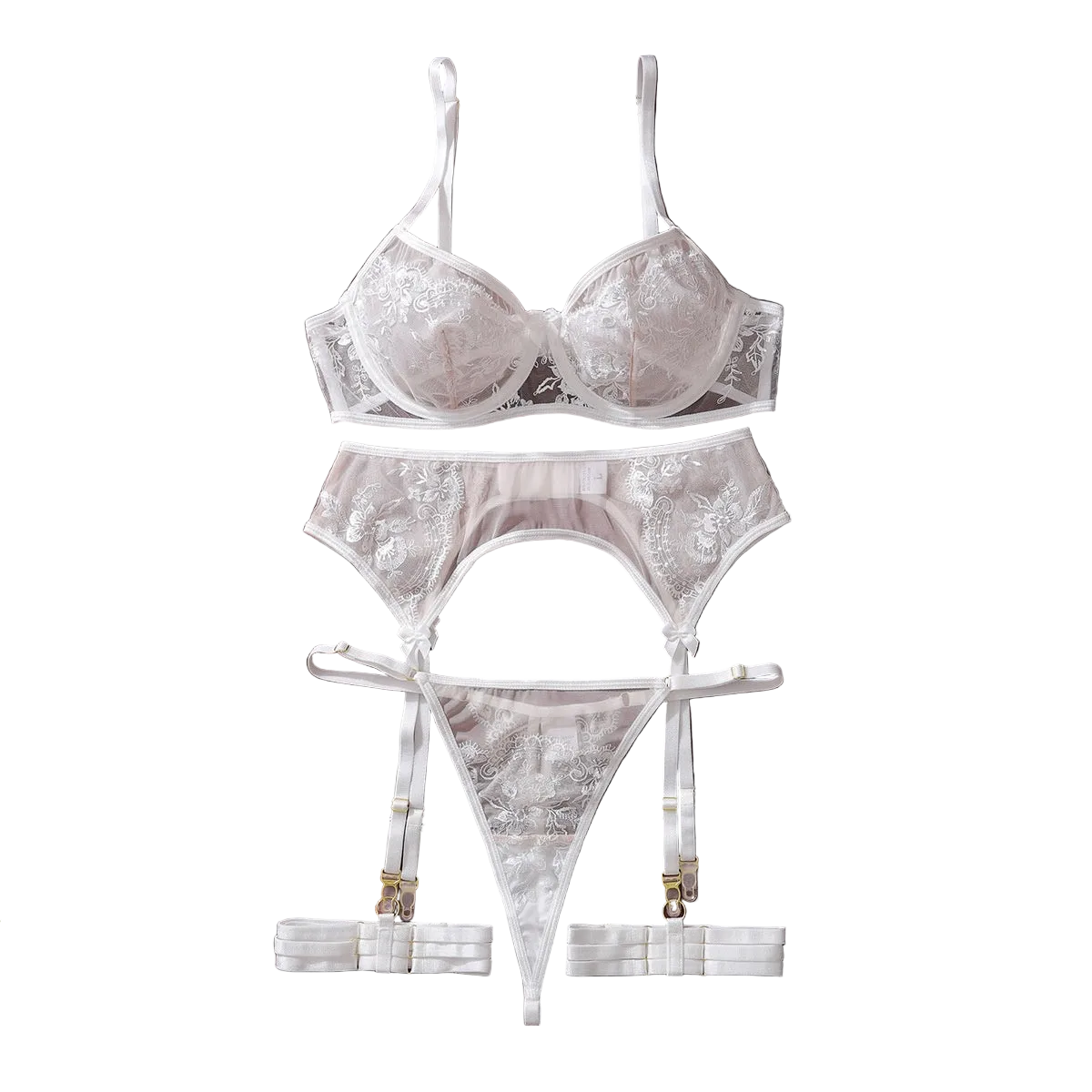 House Of Dasein Embroidered Sexy Bra Set With Mesh And Perspective Lingerie Underwear - White - L