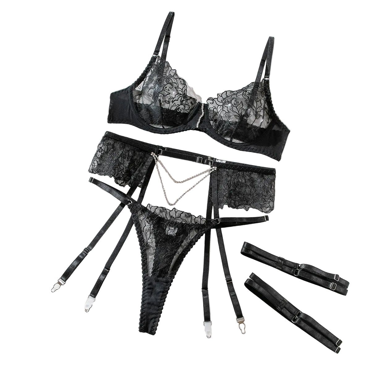 House Of Dasein Elegant 3 Piece Set For Women Transparent Sexy Embroidered Chain Lace Underwear Suit - Black - S