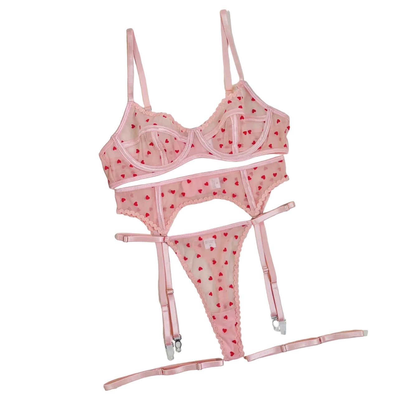 House Of Dasein Flocked Heart 3 Piece Sexy Women's Lingerie Garter Belt Cute Girl Set - Pink - M