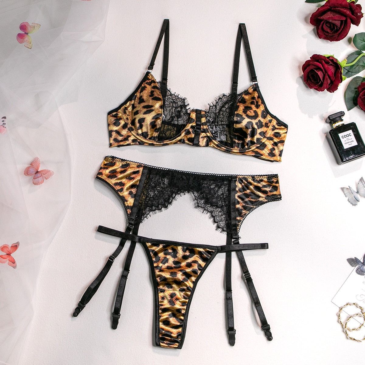 House Of Dasein Internet Celebrity Hot Selling Sexy Wild Leopard Lace Splicing Comfortable Three-Piece Set - Leopard Print - M