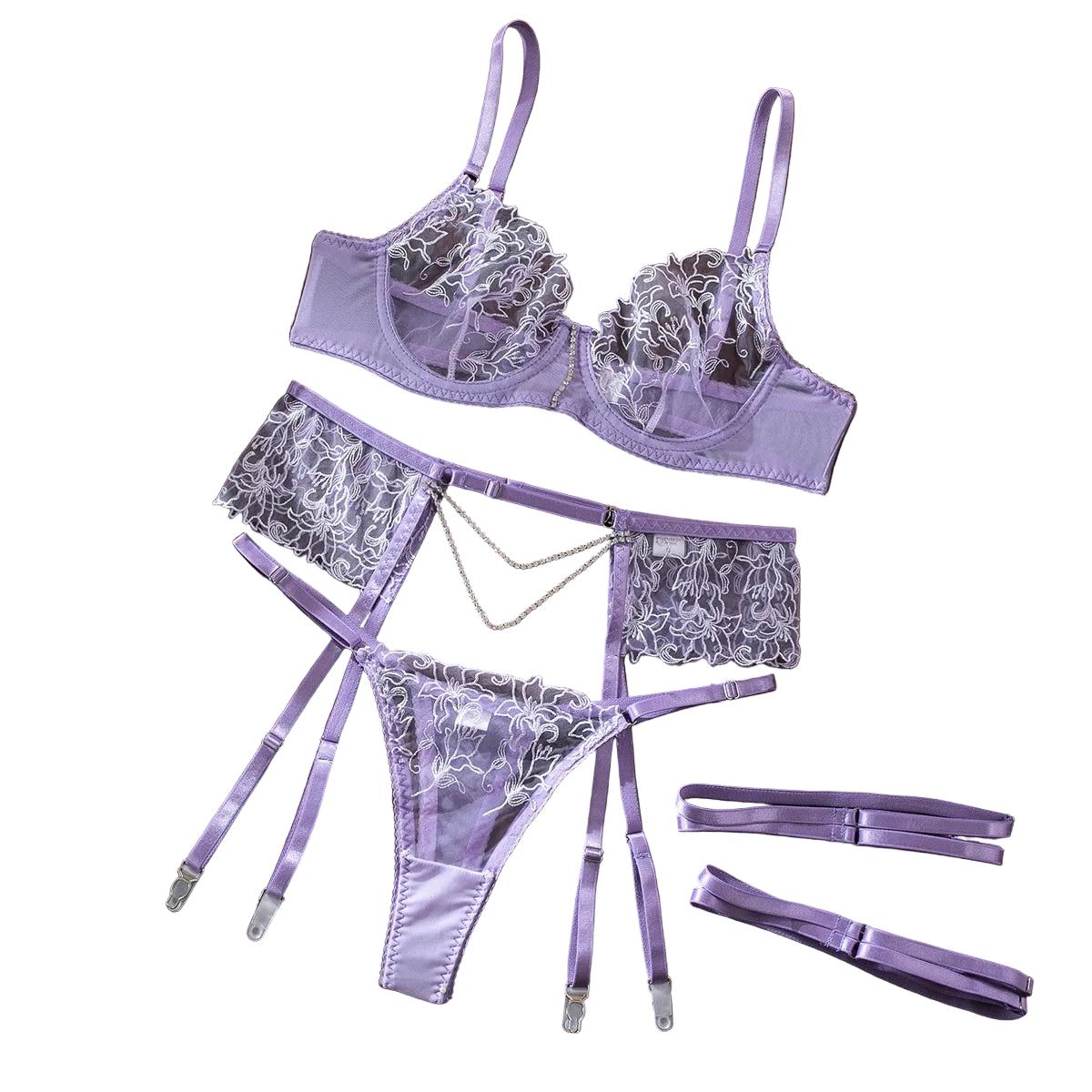 House Of Dasein Elegant 3 Piece Set For Women Transparent Sexy Embroidered Chain Lace Underwear Suit - Light Purple - S