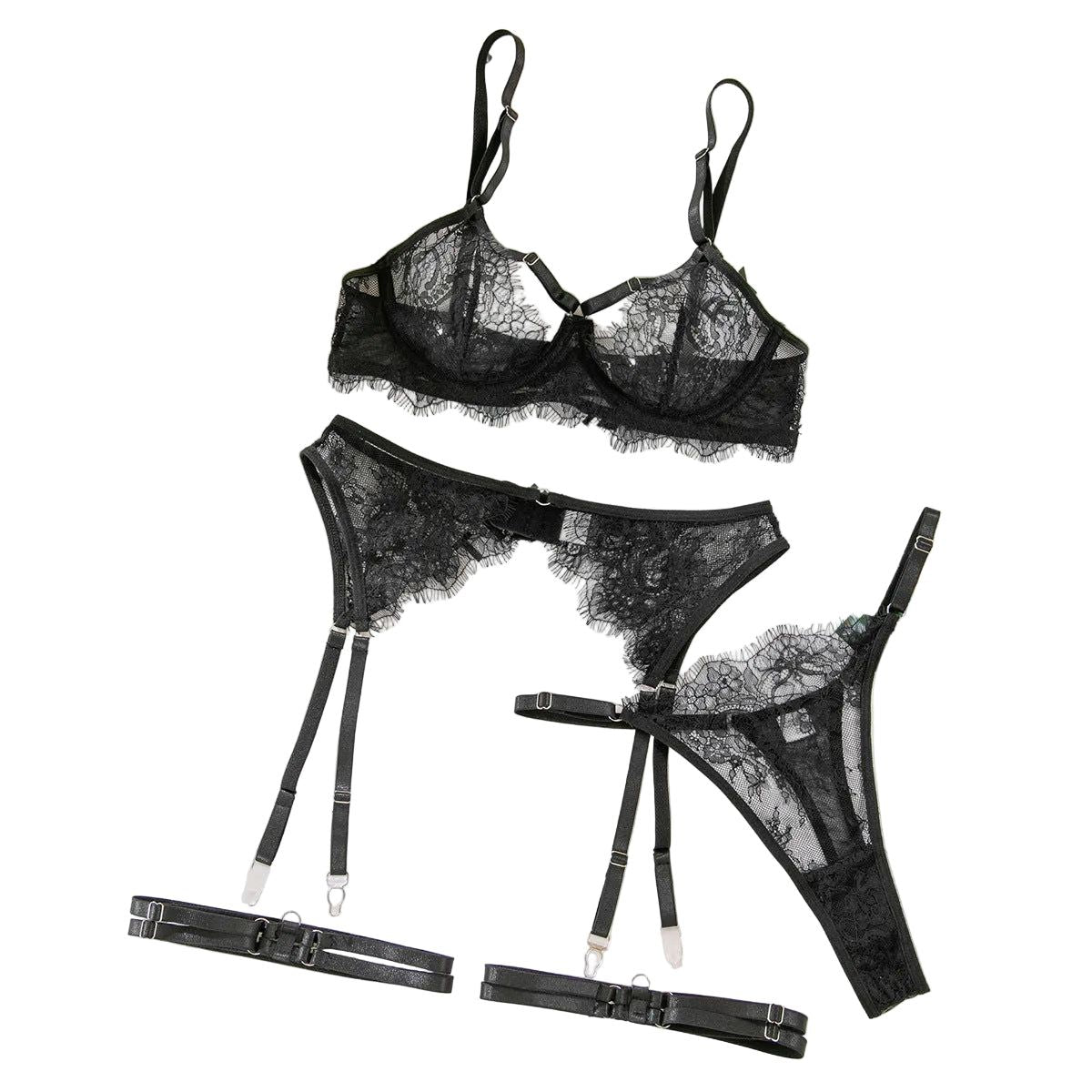 House Of Dasein Cross-Border Sexy Lingerie Temptation Set Seductive French Eyelash Lace Hollow-Out Bra Garter Belt Four-Piece - M
