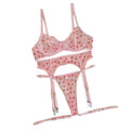 House Of Dasein Flocked Heart 3 Piece Sexy Women's Lingerie Garter Belt Cute Girl Set - Pink - L