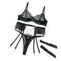 House Of Dasein Elegant 3 Piece Set For Women Transparent Sexy Embroidered Chain Lace Underwear Suit - Black - M