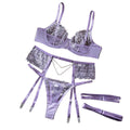 House Of Dasein Elegant 3 Piece Set For Women Transparent Sexy Embroidered Chain Lace Underwear Suit - Light Purple - L