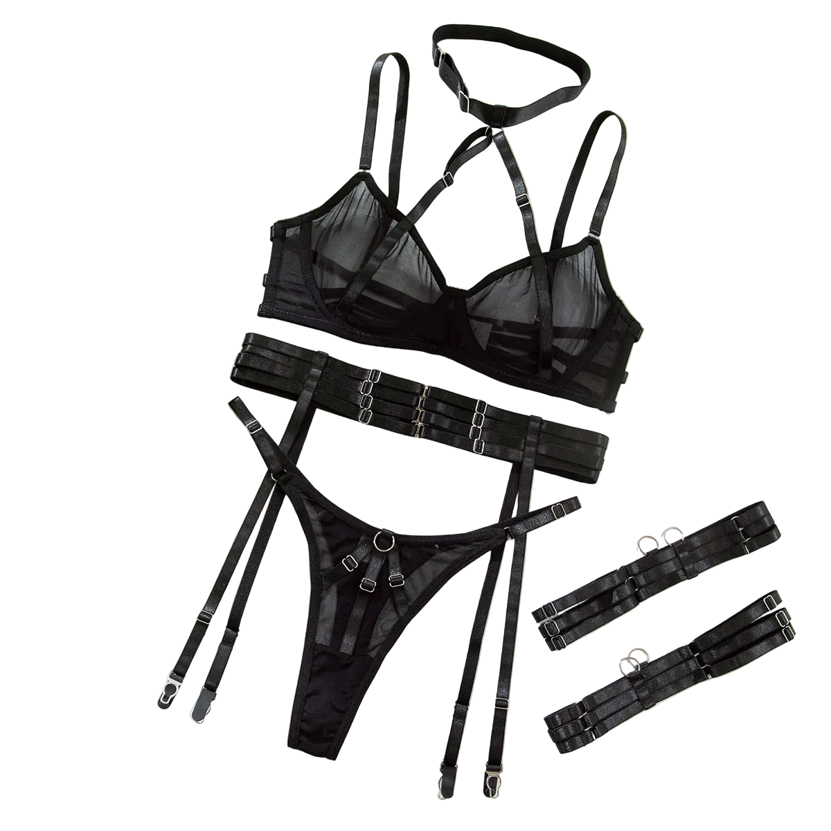 Necklace Bra Set Ultra Thin Mesh Transparent Sexy Strap Metal Buckle Tempting Lingerie - Black - L