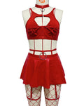 House Of Dasein Lace Sexy Lingerie Set Bra Solid Color Leather Skirt With Fishnet Stockings Women's - Red - S