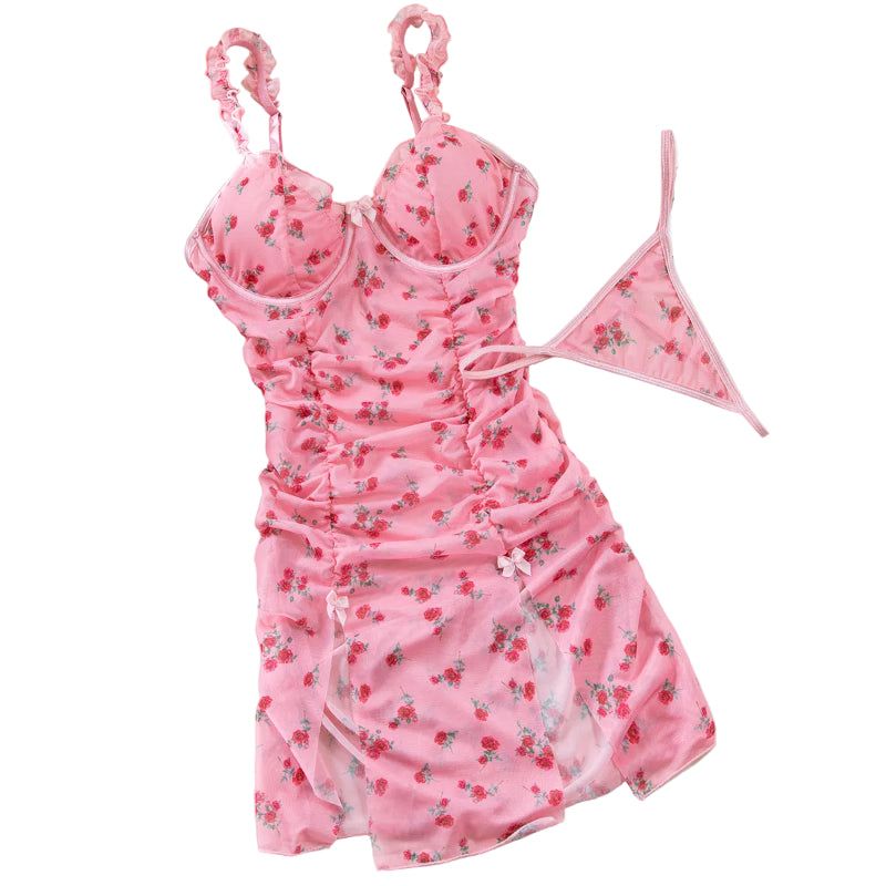 House Of Dasein Sexy Lingerie Pink Printed Valentine's Day Strap Nightgown Uniform Temptation Thong Set - Pink - S