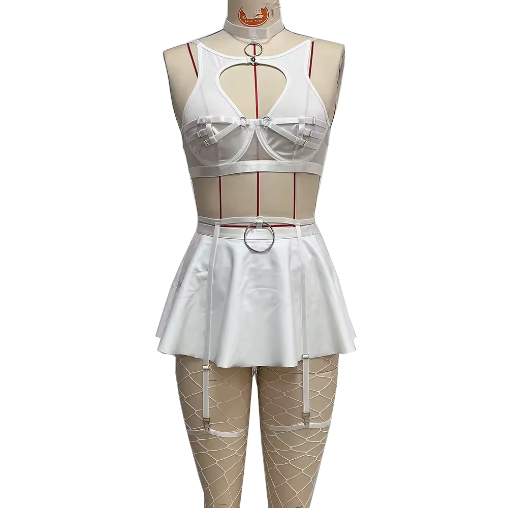 Lace Erotic Lingerie Set Sexy Bra Solid Color Leather - White - Xl