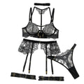 House Of Dasein Heavy Embroidery Metal Buckle Strap Sexy Lingerie Set For Women Transparent Shaping Front Button Five Piece - Apricot Base Black - Xl