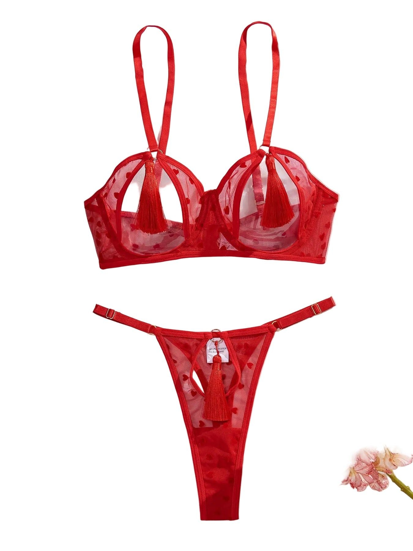House Of Dasein Love Perspective Mesh Sexy Tassel Fun Hollow Underwear Two Piece Set For Women - Red - L