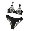 Sexy Embroidered Bra Underwear Ultra Thin Mesh Splicing Large Chest Minimizer Women's Transparent Two Piece Set - Black - S