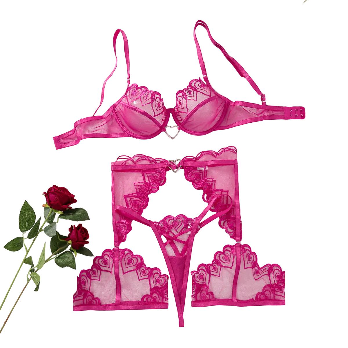 House Of Dasein Love Embroidery Perspective Mesh Sexy Lingerie Thong Set - Rose Red - L