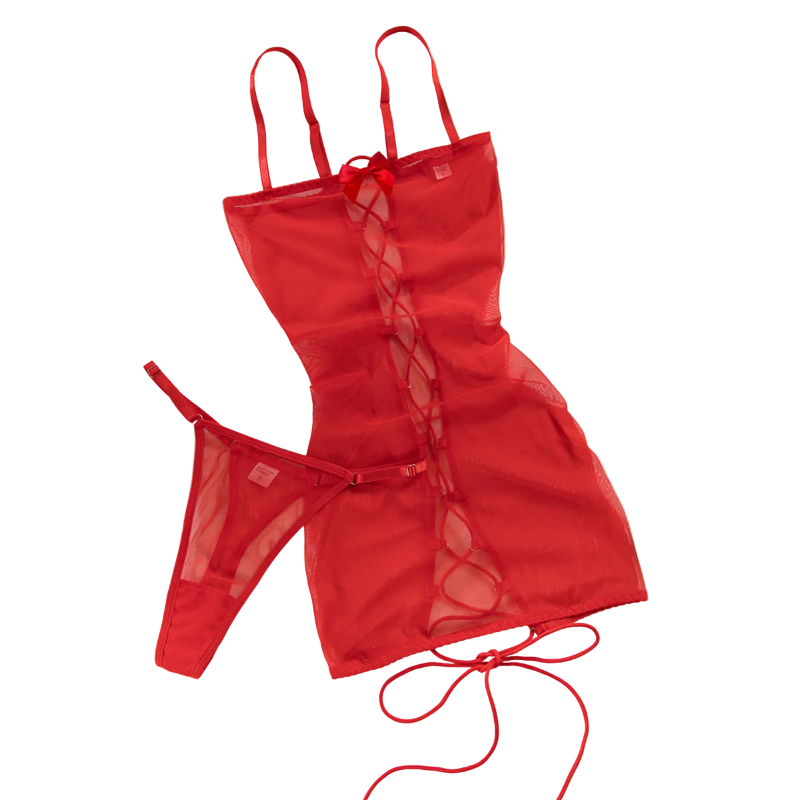 House Of Dasein Leopard Print Strapless Dress Women's Sexy Tie Hollow Temptation Slimming Erotic Lingerie Set - Red - M