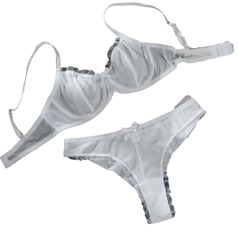 House Of Dasein Sexy Mesh Heart Print Bra Set Ultra Thin Comfortable Tempting Lingerie Two Piece - White - M