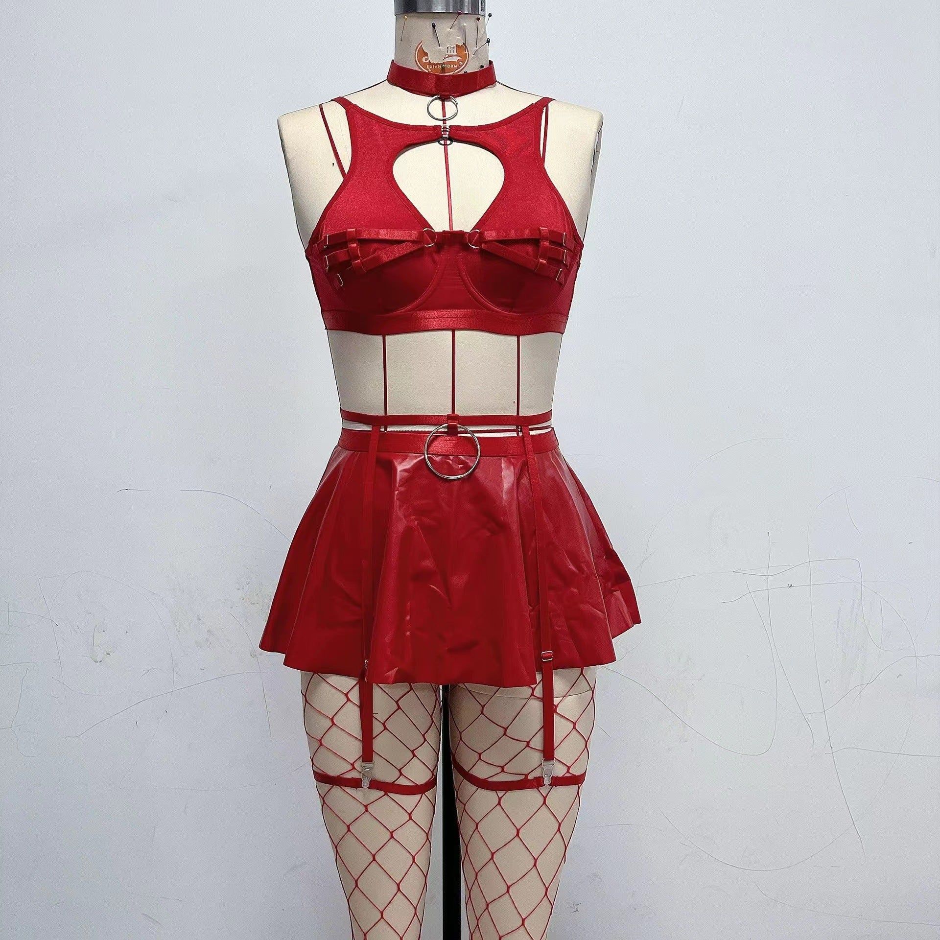 Lace Erotic Lingerie Set Sexy Bra Solid Color Leather - Red - M