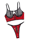 Mesh Sexy Patent Leather Women's Underwear Gathering With Steel Ring For Fun Two Piece Set - Black And Red - S