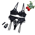 House Of Dasein Lace Mesh Embroidery Sexy Lingerie Gathering Straps Three Piece Set Shaping Body - Black - L
