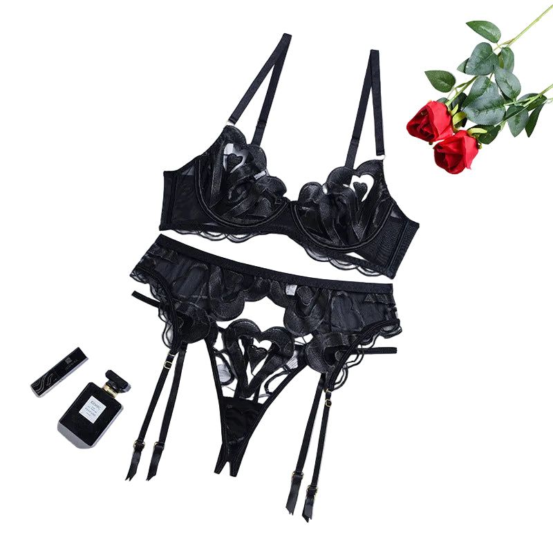 House Of Dasein Lace Mesh Embroidery Sexy Lingerie Gathering Straps Three Piece Set Shaping Body - Black - L