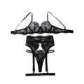 House Of Dasein Embroidered Lace Perspective Gathering Slimming And Shaping Sexy Lingerie Set With Steel Ring - Black - L