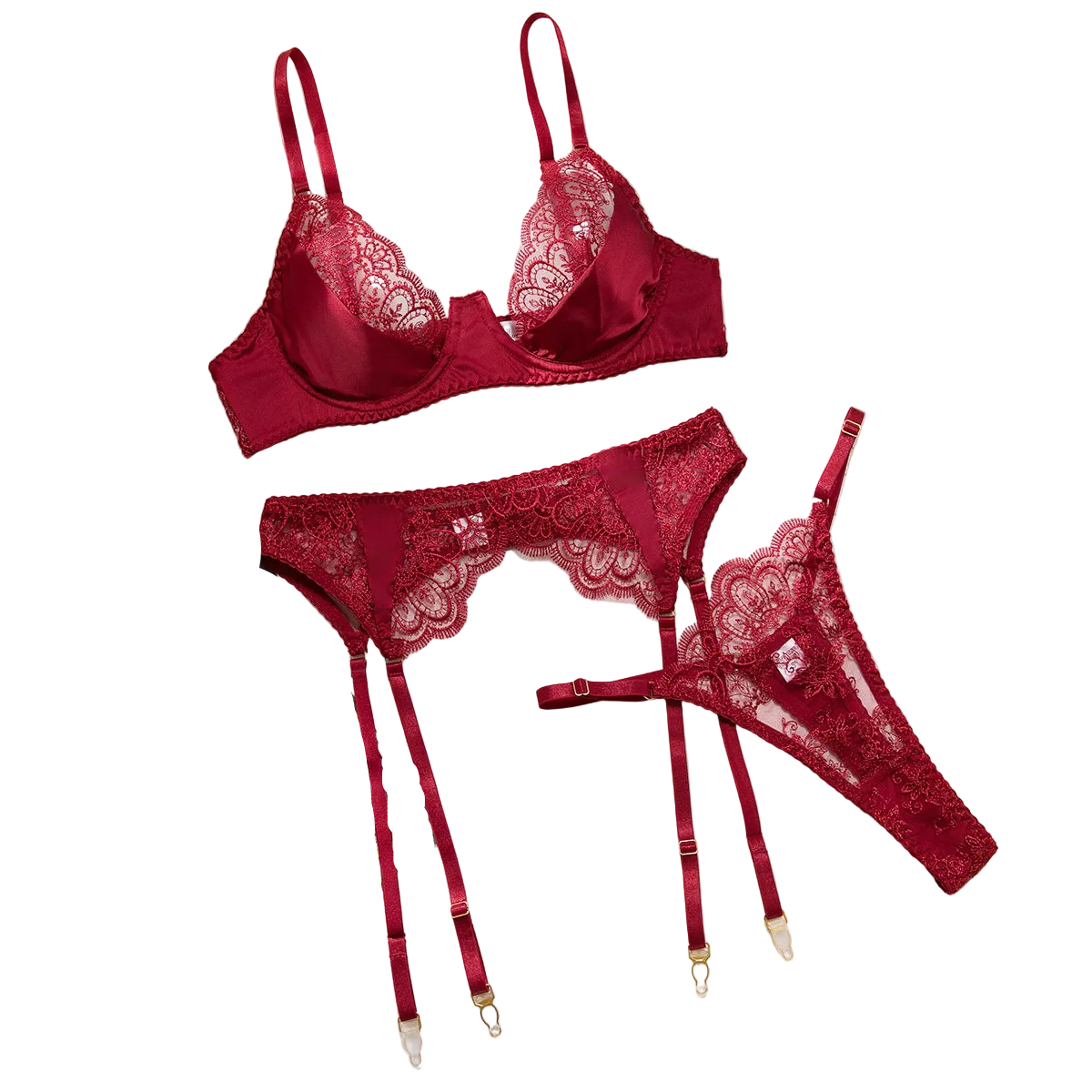 House Of Dasein Sexy Embroidered Lace Bra Underwear Hollow Out Three Piece Backless Women's Lingerie With Silk Stockings - Wine Red - Xl