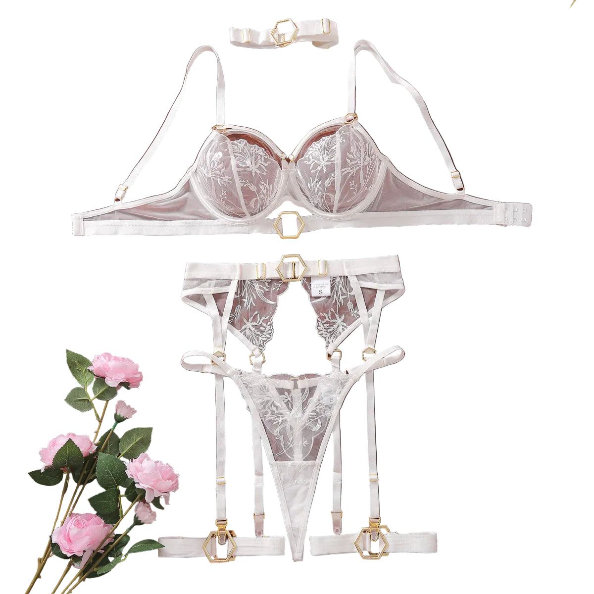 House Of Dasein Metal Buckle Embroidery Mesh Splicing Heavy Duty Erotic Lingerie Five Piece Set - White - S