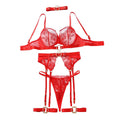 House Of Dasein Metal Buckle Embroidery Mesh Splicing Heavy Duty Erotic Lingerie Five Piece Set - Red - S