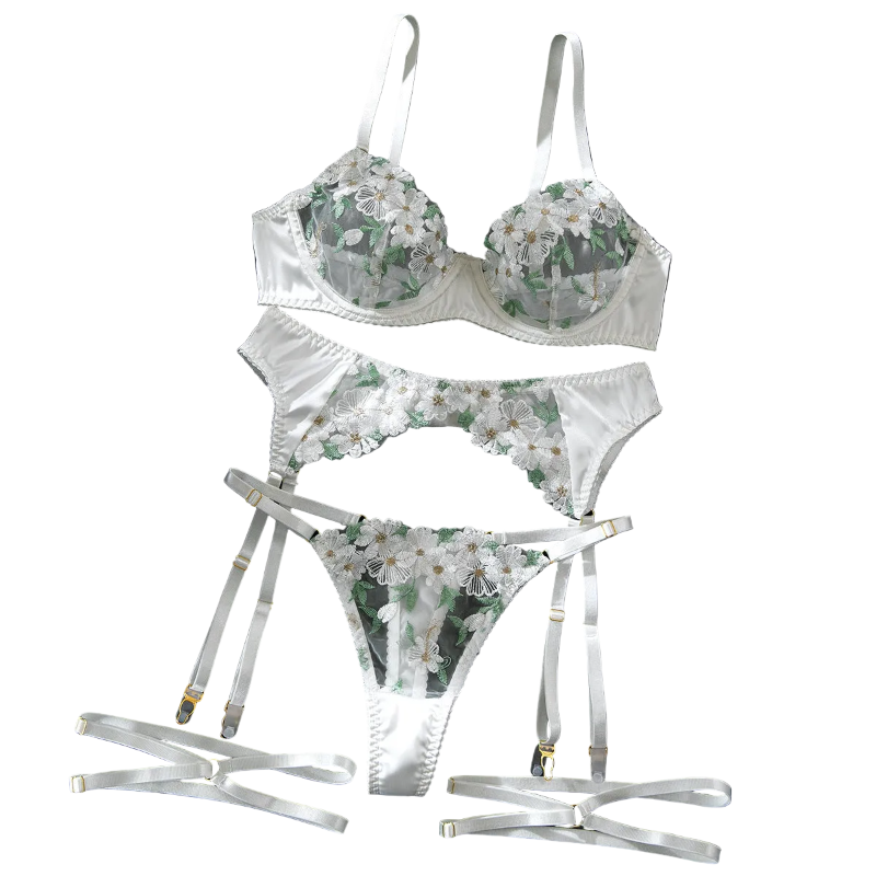 House Of Dasein Sexy Mesh Embroidered Multi Color Floral Bra Set Hollow Shaping Lingerie Four Piece Suit For Women - White - Xl