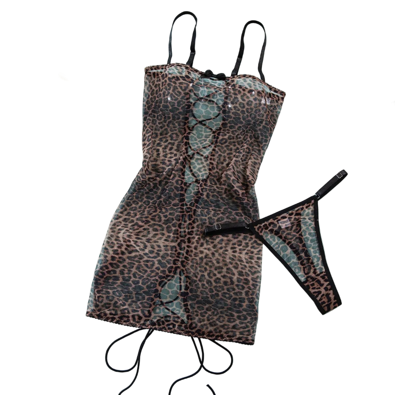 House Of Dasein Leopard Print Strapless Dress Women's Sexy Tie Hollow Temptation Slimming Erotic Lingerie Set - Leopard Print - L