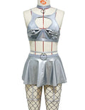 House Of Dasein Lace Sexy Lingerie Set Bra Solid Color Leather Skirt With Fishnet Stockings Women's - Silver - M