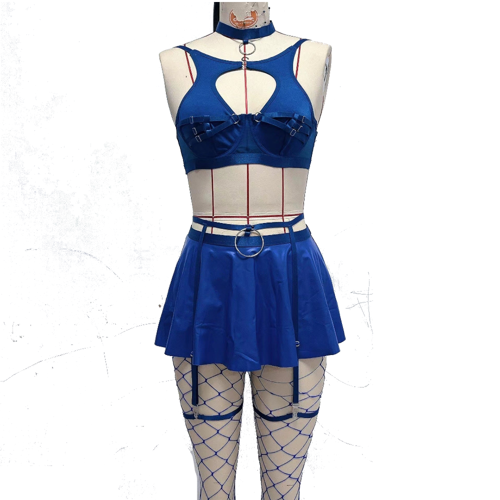 Lace Erotic Lingerie Set Sexy Bra Solid Color Leather - Blue - S