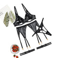 House Of Dasein Hollow Out Backless Transparent Sexy Lingerie Garter Belt Four Piece Set - Black - S