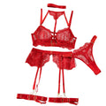 House Of Dasein Heavy Embroidery Metal Buckle Strap Sexy Lingerie Set For Women Transparent Shaping Front Button Five Piece - Red - M