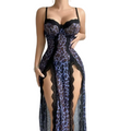 House Of Dasein Sexy Transparent Leopard Print Nightgown And Lingerie Set - Blue - L