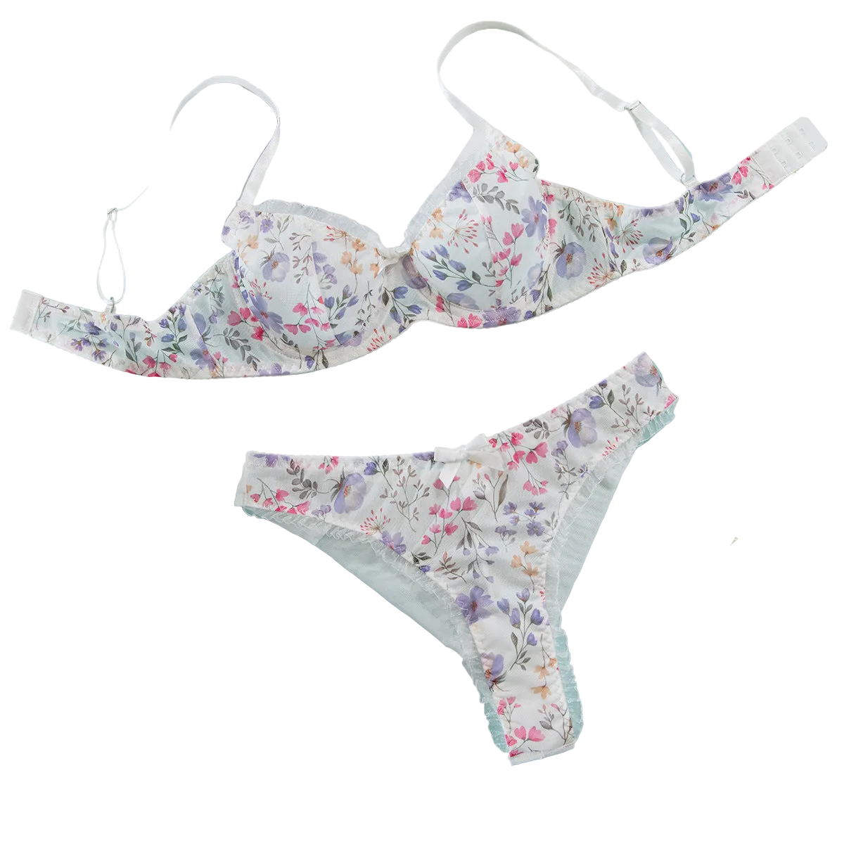 House Of Dasein Sexy Mesh Heart Print Bra Set Ultra Thin Comfortable Tempting Lingerie Two Piece - White Flower - Xl