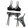 House Of Dasein Sexy Embroidered Lace Bra Underwear Hollow Out Three Piece Backless Women's Lingerie With Silk Stockings - Black - Xl