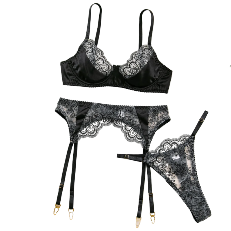 House Of Dasein Sexy Embroidered Lace Bra Underwear Hollow Out Three Piece Backless Women's Lingerie With Silk Stockings - Black - Xl