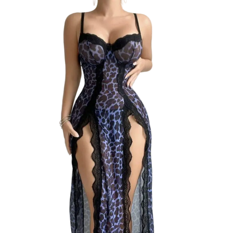 House Of Dasein Sexy Transparent Leopard Print Nightgown And Lingerie Set - Blue - M