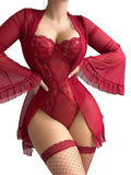 House Of Dasein Lace One Piece Sleepwear Flare Sleeve Sexy Belted Lingerie Set With Stockings For Women - Wine Red - Xl