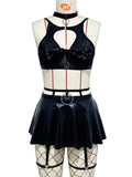 House Of Dasein Lace Sexy Lingerie Set Bra Solid Color Leather Skirt With Fishnet Stockings Women's - Black - S