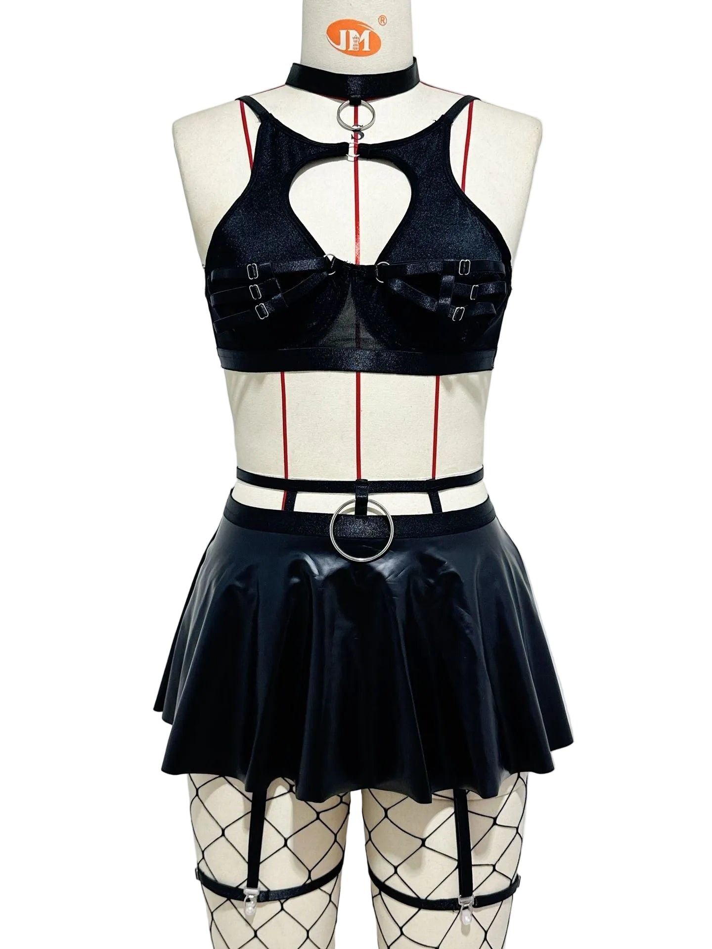 House Of Dasein Lace Sexy Lingerie Set Bra Solid Color Leather Skirt With Fishnet Stockings Women's - Black - S