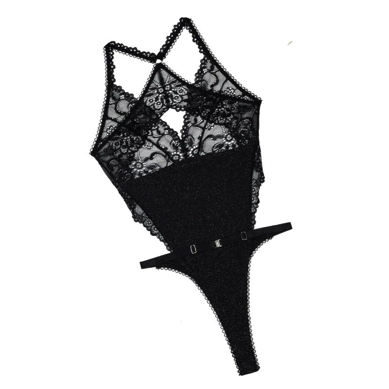 House Of Dasein Lace Patchwork Cross Back Sexy See Through Jumpsuit - Black - L