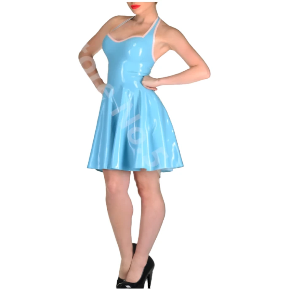 House Of Dasein Latex Halter A Line Dress Blue Rubber Clubwear Skirt Women's Costumes - Light Blue - S