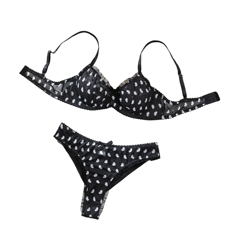 House Of Dasein Sexy Mesh Heart Print Bra Set Ultra Thin Comfortable Tempting Lingerie Two Piece - Black Heart - M