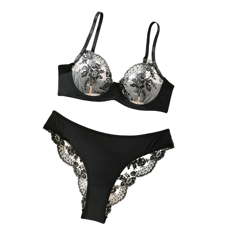 Sexy Embroidered Bra Underwear Ultra Thin Mesh Splicing Large Chest Minimizer Women's Transparent Two Piece Set - Black - L