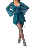 House Of Dasein Lace One Piece Sleepwear Flare Sleeve Sexy Belted Lingerie Set With Stockings For Women - Peacock Blue - M
